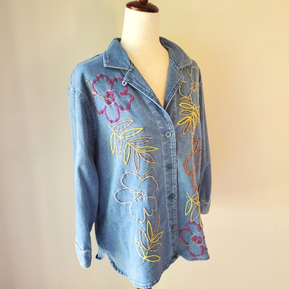 Vintage Denim Button Down Floral Embroidery Bechamel Large - Picture 2 of 14